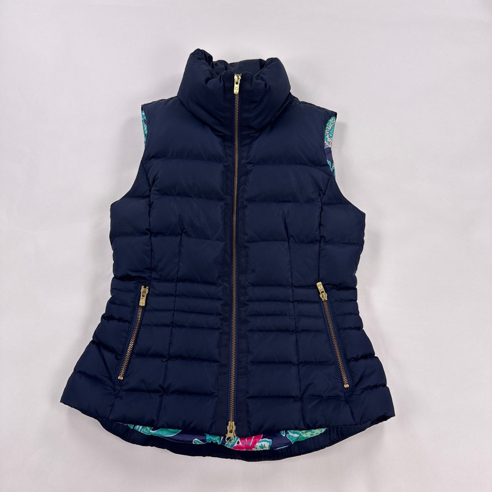 Lilly Pulitzer Syd Down Puffer Vest Womens Small Navy Floral Lined 86848 Gold
